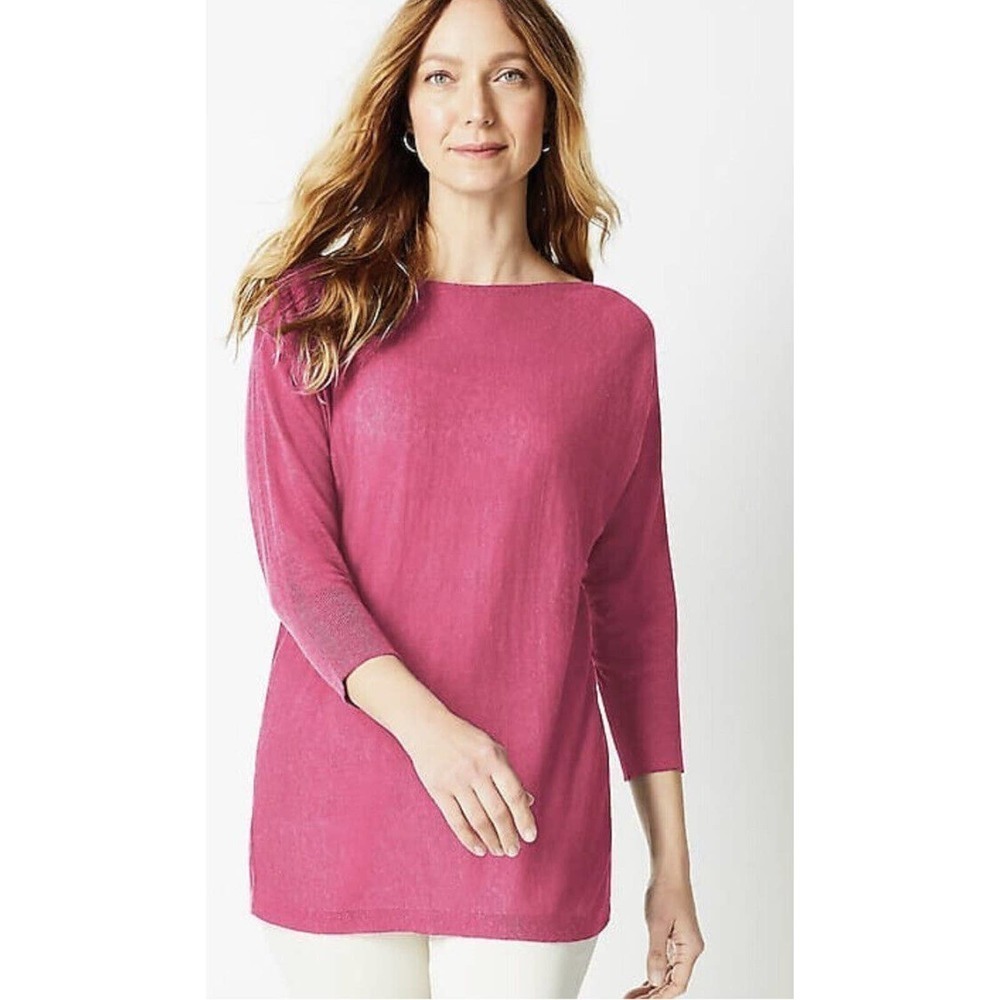 J Jill | Linen Rayon Pullover Boat Neck Sweater S Pink 3/4 Sleeve Side Split